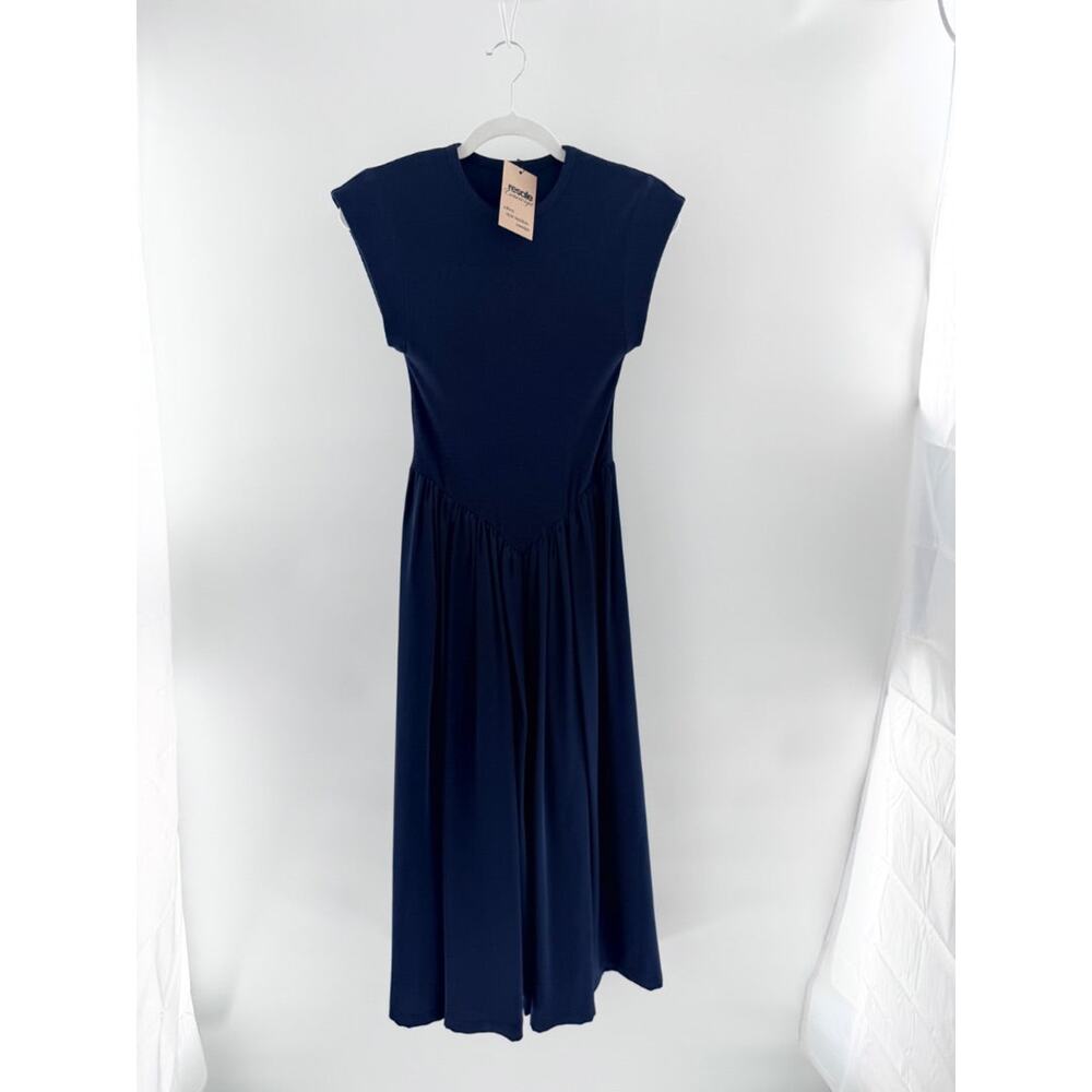 Ancosti Patchwork Cap Sleeve Drop Waist A-Line Maxi Dress Navy Blue Women's XS - Picture 2 of 5